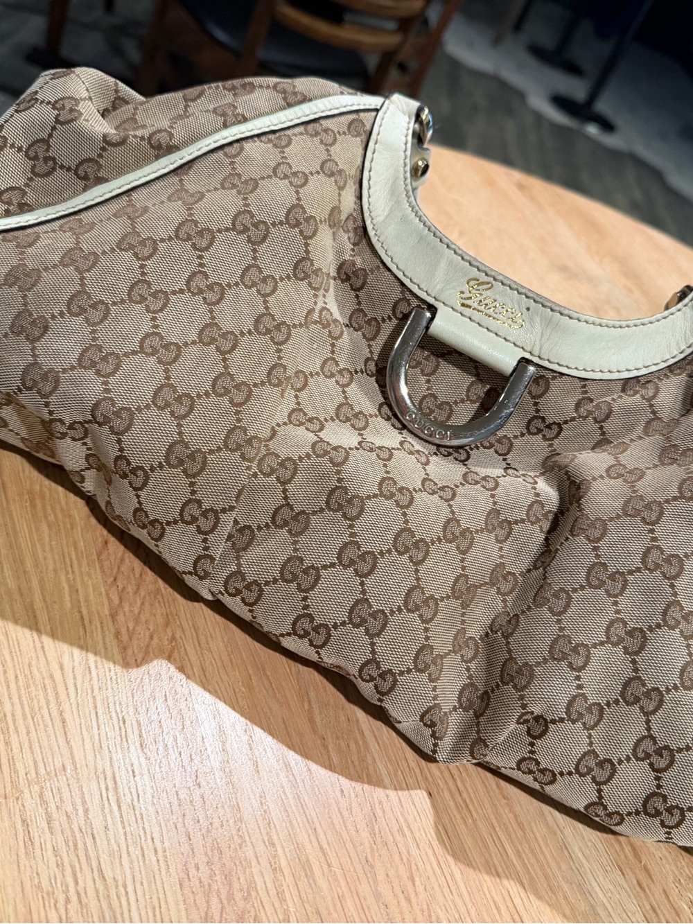 Gucci Beige Monogram Shoulder Bag with Cream Trim